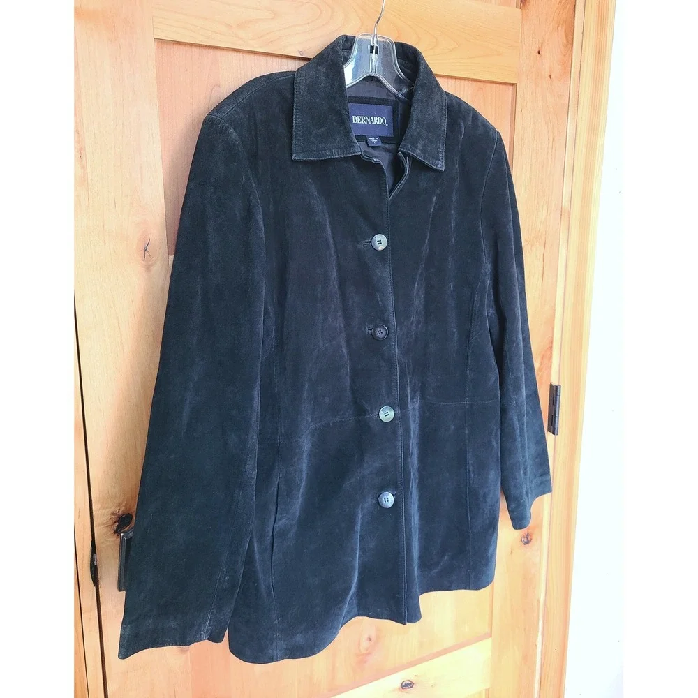 Vintage Y2K Bernardo Black Suede Leather Jacket‎ LARGE Button Front Mid Length L - Picture 9 of 9